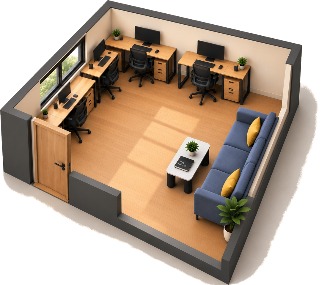 Inside The Office: five desks with ergonomic chairs, a window, and a sofa lounge corner
